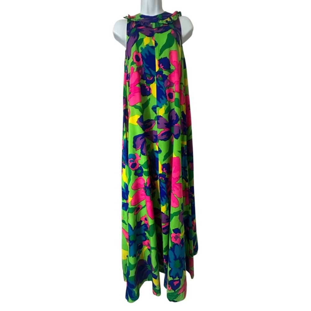 Rare 1960s Vintage Hawaiian Psychedelic Floral Maxi Dress Size Small